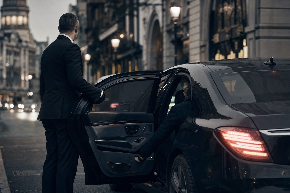 Chauffeur opening the door of an executive car in London