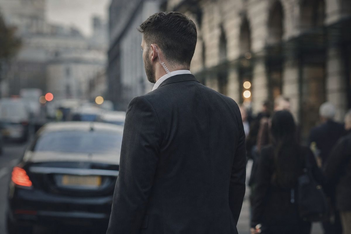Close protection officer monitoring a busy London street