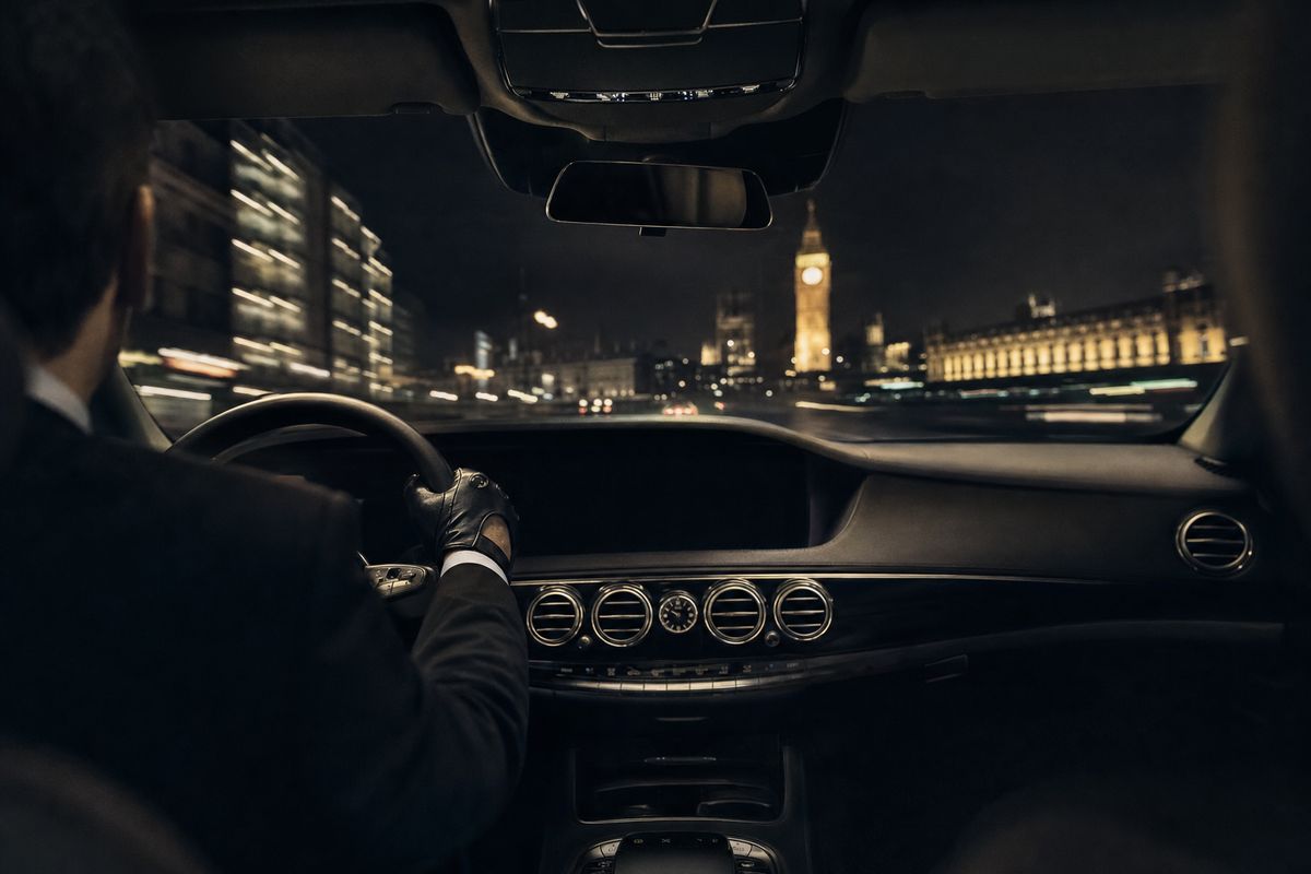 Security-trained chauffeur driving through London at night