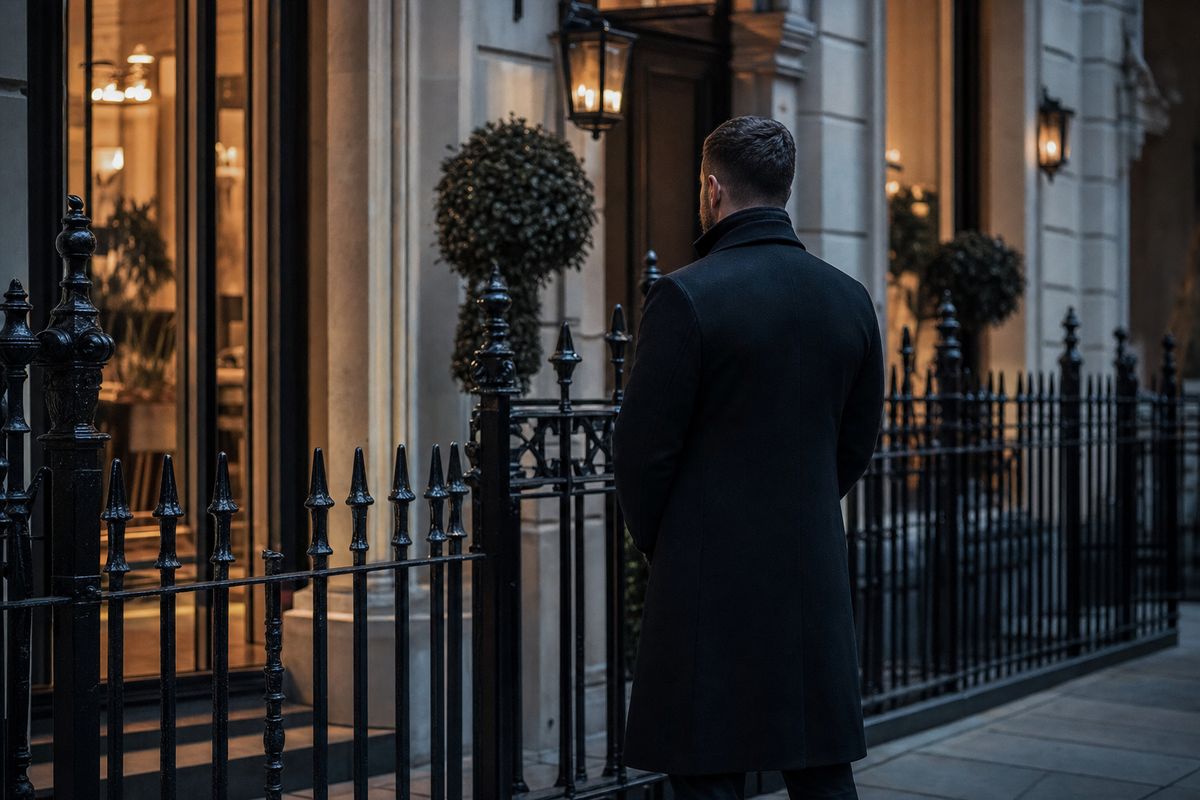 Security officer keeping watch outside a London townhouse at dusk